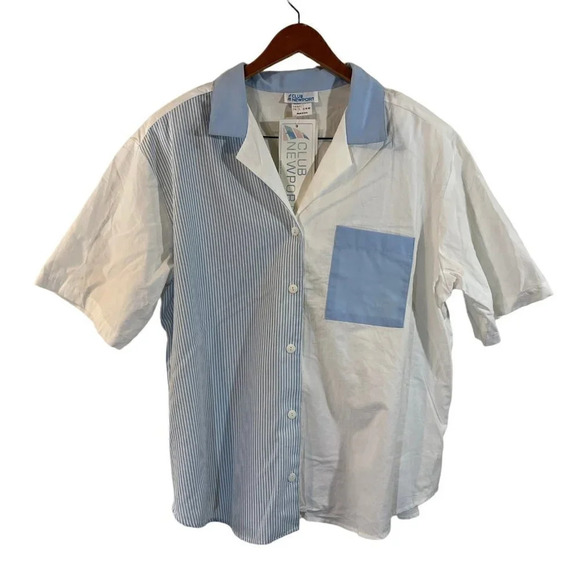 Club Newport NWT Vintage Shirt Plus Size 22W Blue White Striped Short Sleeve Top - Picture 1 of 5